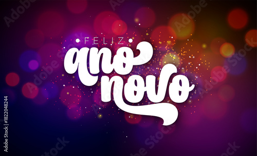 Happy New Year Banner with White Typography Lettering on Shiny Bokeh Light Background. Feliz Ano Novo Portuguese Language Vector Christmas Holiday Illustration for Greeting Card, Calendar, Flyer