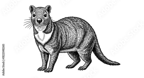 Intricate black and white etching of a small furry mammal with detailed fur texture