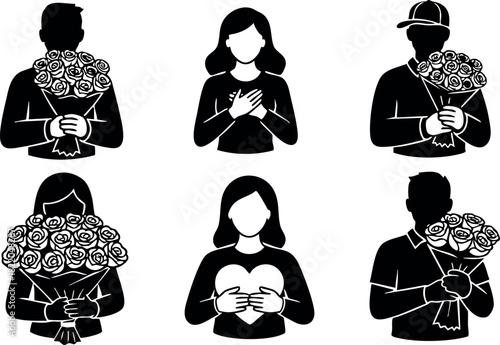 Silhouette people holding flowers expressing love and gratitude vector illustration