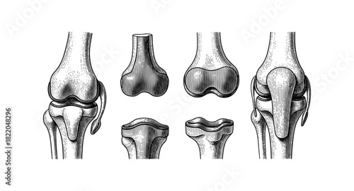 Detailed anatomical sketch of human knee joint in vintage etching style