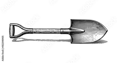 Vintage engraved shovel with wooden handle on white background
