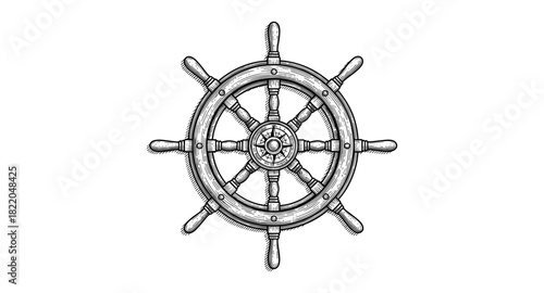 Detailed nautical ship wheel design with vintage sketch aesthetic