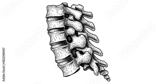 Intricate hand drawn human spine sketch in detailed black and white