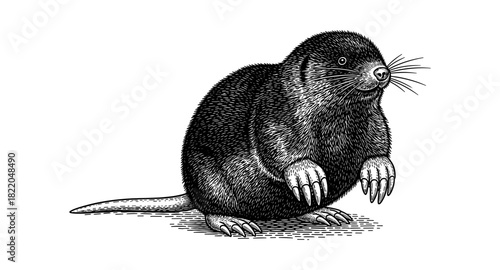Detailed engraving of a mole with claws and whiskers in black and white