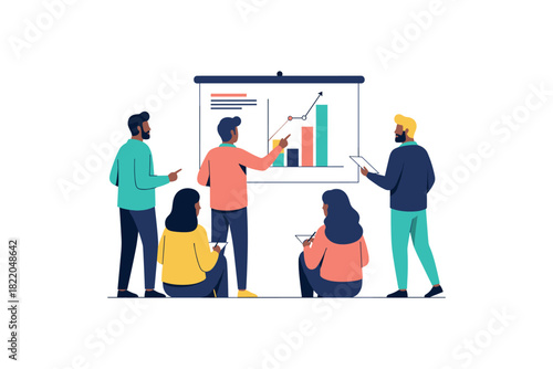 Diverse team of adults collaborating on growth chart presentation