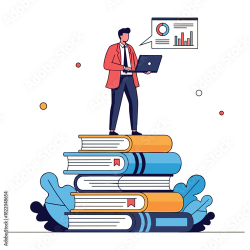 Young adult caucasian male analyzing data on laptop standing on books