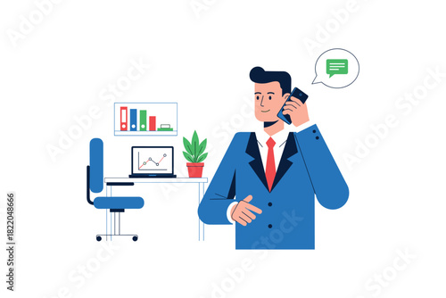 Young caucasian male professional on phone in office environment with desk and charts