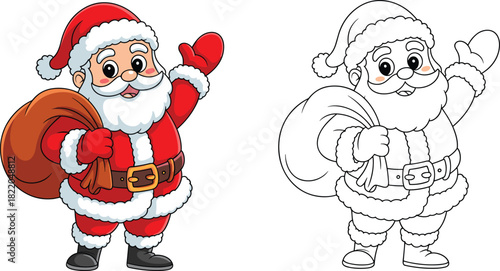 Cute cartoon Santa Claus waving hand holding sack vector illustration with black and white outline for coloring book page design.
