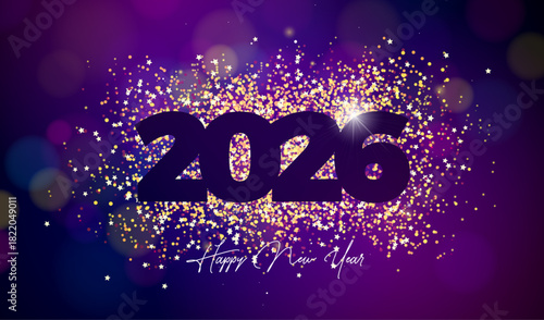 2026 Happy New Year Illustration with Gold Glitter Number and Colorful Bokeh Lights on Vibrant Particle Background. Vector Christmas Holiday Season Design with Typography Lettering for Greeting Card