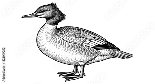 Detailed monochrome drawing of a standing duck with intricate feather patterns