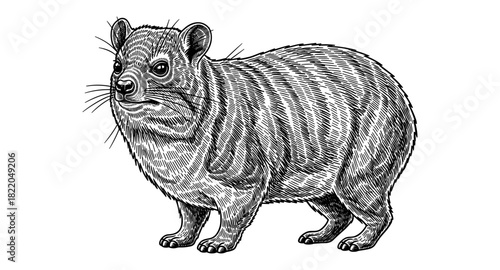 Detailed hand drawn hyrax engraving in black and white