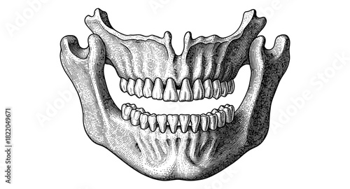 Hand-drawn human jawbone with engraved teeth detailing in black and white
