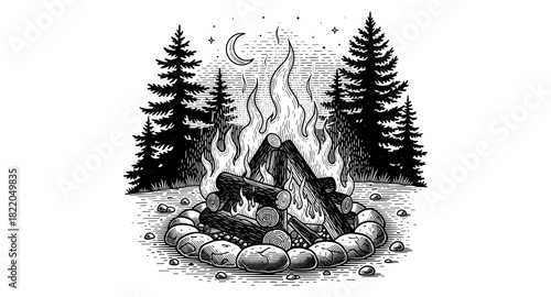Rustic night campfire scene with moon and pine trees in vintage woodcut style