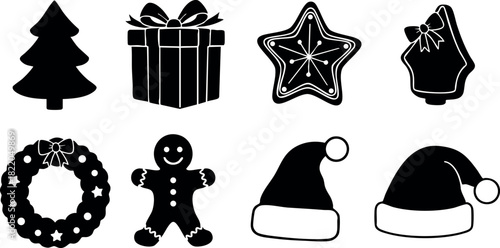 Christmas icons set with tree gift star bell wreath gingerbread and santa hats vector illustration