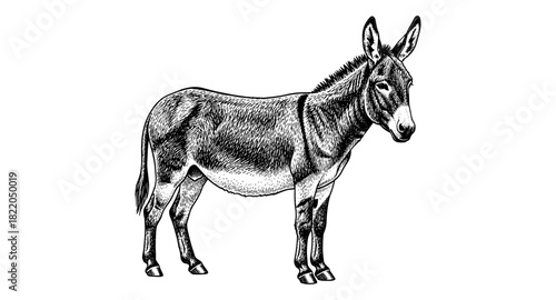 Detailed engraving of a realistic donkey in vintage style