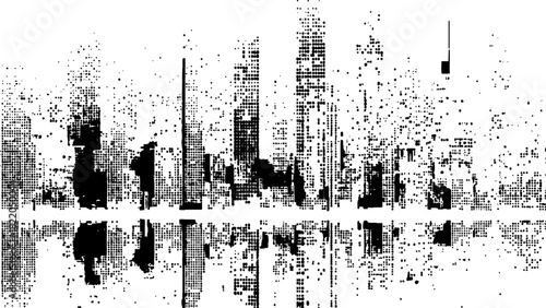 Halftone dots abstract cityscape graphic design. Halftone dots city silhouette at white background.