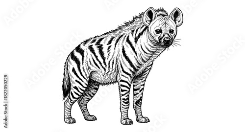 Detailed black and white hyena with stripes