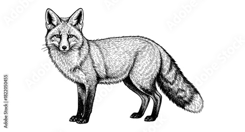 Hand drawn black and white fox with detailed fur texture in vintage style