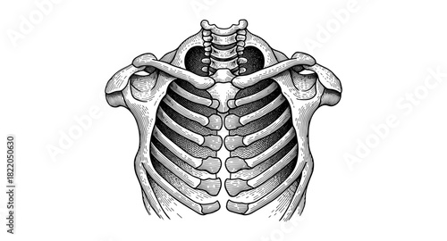 Detailed anatomical drawing of human rib cage in vintage style on white background