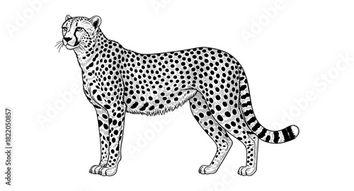 Detailed black and white cheetah sketch with intricate spots and elegant stance