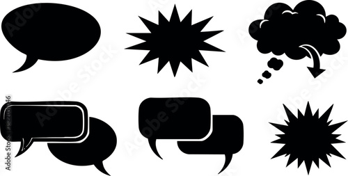 Black speech bubbles comic style vector illustration with different shapes and thought cloud design