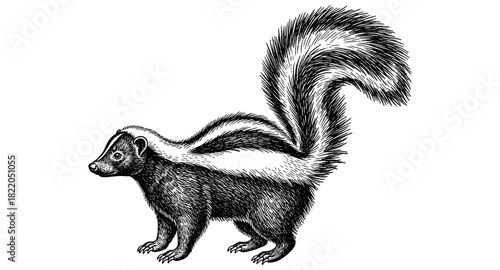 Intricate skunk drawing with bold stripes and bushy tail in monochrome