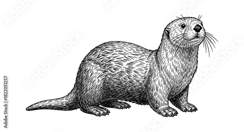 Intricate engraved otter with detailed fur on white background