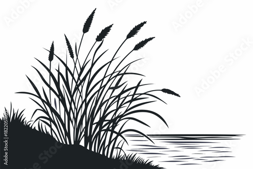 Black and white silhouette illustration of tall reeds or cattails growing on a grassy bank next to a body of water, creating a natural landscape element in a graphic style