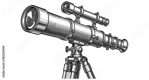Vintage engraved telescope on tripod with small scope for celestial observations