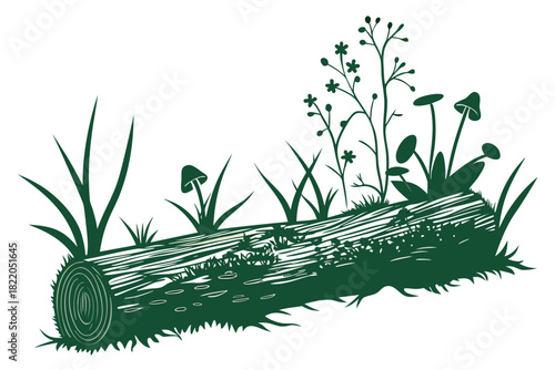 Stylized green silhouette illustration of a decaying log lying on the ground, sprouting various small mushrooms, delicate wildflowers, and tall blades of grass