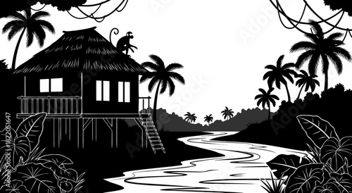 Tropical summer vacation paradise with palm trees silhouette on a sandy beach at sunset