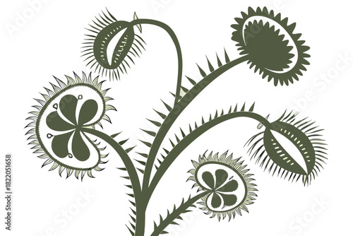 Stylized illustration of several venus flytrap carnivorous plants with spiky traps in a dark green silhouette design against a clean