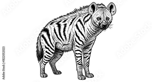 Detailed black and white hand-drawn hyena with striped pattern