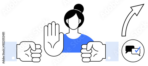 Woman raising hand signaling stop, two fists symbolizing conflict, upward arrow, checked speech bubble for resolution. Ideal for communication, conflict management, boundaries, teamwork, leadership