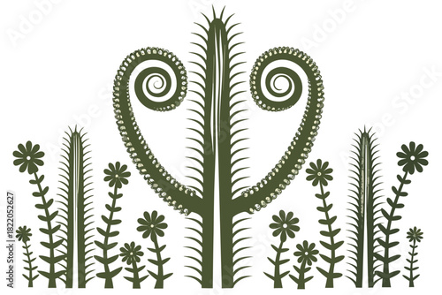 Stylized illustration of various desert cactus and succulent plants featuring a large central fernlike frond structure with curled tips