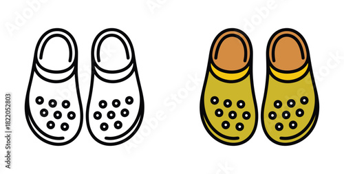Print Casual Perforated Clog Shoes Slippers Icon Set Vector illustration