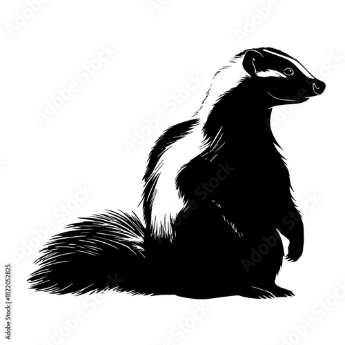 Black and white illustration of a skunk on a white background in side profile