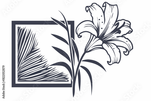 Elegant black and white line art illustration of a blooming lily flower next to a square frame containing palm frond silhouette, perfect for minimalist design