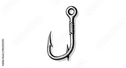 Detailed monochrome fishing hook with halftone shadows