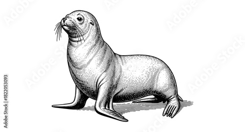 Detailed vintage artwork of a seal in black and white with classic hatch shading