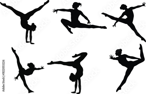 Silhouette collection of gymnasts performing various poses on white background