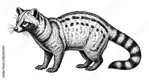 Detailed black and white illustration of a genet in intricate line art style