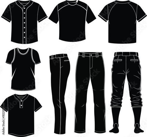 Black and white baseball uniforms apparel vector illustration set