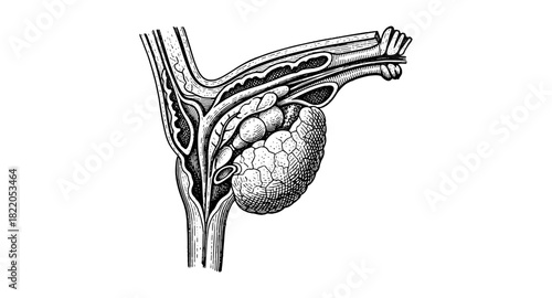 Intricate cross-section of human testicles in vintage medical art style