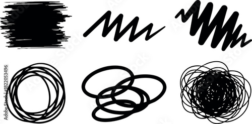 Black ink brush strokes and scribble doodle vector illustration design elements