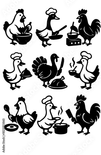 Poultry Birds Cooking Black Vector Silhouette Set