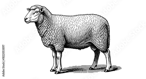 Detailed vintage engraving of a sheep standing side view