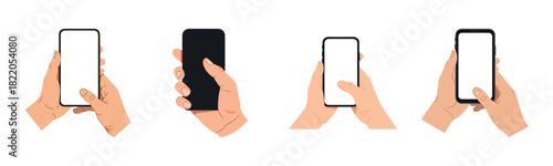 Set of human hands holding and interacting with smartphones in various positions. Flat cartoon illustration isolated on white background. Technology and communication concept