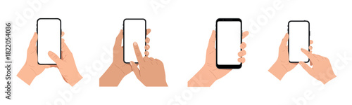 Collection of hands holding and interacting with smartphones in various positions and gestures, isolated on white background