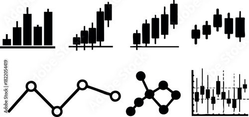 Black candlestick line charts financial stock market trading analysis vector illustration